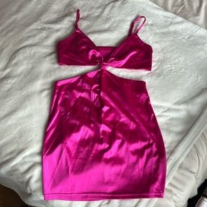 Neon Pink Metallic Mini Cut Out Dress